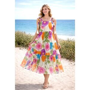 MILLE RESORT Tiered Midi Maxi Dress XS Summer Travel Beach Vacation Coast Floral
